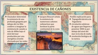 EXISTENCIA DE CAÑONES
 Chumakov determinó
la existencia de una
profunda garganta por
debajo del rio Nilo
conllevo a imaginar la
existencia de canales a
más de 400m bajo el
nivel del mar
producidos por una
energética erosión
efectuada por las redes
fluviales en el plioceno.
 Jacques Boucart señala
la existencia de
numerosos cañones
submarinos que
bordean la parte
continental de la costa
francesa
Posible explicación para:
 Topografía kárstica de
Yugoslavia
 circulación subáreas
de aguas que llegaron a
penetrar 3000 m por
debajo del nivel del
mar en la isla de malta
 revolución biológica de
la cuenca.
 