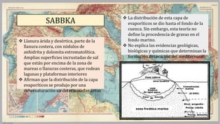 SABBKA
 Llanura árida y desértica, parte de la
llanura costera, con nódulos de
anhidrita y dolomita estromatolítica.
Amplias superficies incrustadas de sal
que están por encima de la zona de
mareas o llanuras costeras, que rodean
lagunas y plataformas interiores
 Afirman que la distribución de la capa
evaporíticos se produjo por una
sobresaturación en determinadas áreas
 La distribución de esta capa de
evaporíticos se dio hasta el fondo de la
cuenca. Sin embargo, esta teoría no
define la procedencia de gravas en el
fondo marino.
 No explica las evidencias geológicas,
biológicas y químicas que determinan la
formación desecación del mediterraneo
 