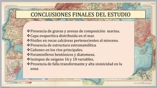 Presencia de gravas y arenas de composición marina.
Capa evaporitica distribuida en el mar.
Fósiles en rocas calcáreas pertenecientes al mioceno.
Presencia de estructura estromatolítica
Cañones en los ríos principales.
Foraminíferos bentónicos y diatomeas.
Isotopos de oxigeno 16 y 18 variables.
Presencia de falla transformante y alta sismicidad en la
zona
CONCLUSIONES FINALES DEL ESTUDIO
 