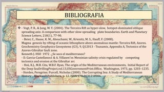 BIBLIOGRAFIA
 - Vogt, P. R., & Jung, W. Y. (2004). The Terceira Rift as hyper-slow, hotspot-dominated oblique
spreading axis: A comparison with other slow-spreading plate boundaries. Earth and Planetary
Science Letters, 218(1), 77-90.
- Beier, C., Haase, K. M., Abouchami, W., Krienitz, M. S., Hauff, F. (2008).
Magma genesis by rifting of oceanic lithosphere above anomalous mantle: Terceira Rift, Azores.
Geochemistry Geophysics Geosystems (G3), 9, Q12013 - Tsunamis, Appendix A, Tectonics of the
Azores-Gibraltar fault zone​.
Kenneth J. HSO 1972 . ¿Se seco el mediterraneo?
- D. Garcia-Castellanos1 & A. Villasen˜or. Messinian salinity crisis regulated by competing
tectonics and erosion at the Gibraltar arc
- Hsü, K.J., M.B. Cita, W.B.F. Ryan, The origin of the Mediterranean environments, Initial Report of
the Deep SeaDrillingProject,vol.13,USGovernmentPrint.Office, Washington, 1973, pp. 1203–1235.
- Horden, Peregrine; Purcell, Nicholas (2000). ​The Corrupting Sea: A Study of Mediterranean
History ​ . Blackwell Publishers. p. 12. ​ISBN​ ​978-0631218906​.
 
