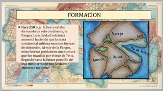 FORMACION
 Hace 250 m.a: la tierra estaba
formando un solo continente, la
Pangea. La actividad volcánica
aumentó haciendo que la masa
continental sufriera enormes fuerzas
de distorsión. Al este de la Pangea,
estas fuerzas produjeron una ruptura
que fue invadida por el mar de Tetis,
llegando hasta la futura posición del
mar mediterráneo que hasta este
momento no existe
 