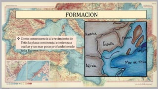 FORMACION
 Como consecuencia al crecimiento de
Tetis la placa continental comienza a
oscilar y un mar poco profundo invade
toda Europa.
 