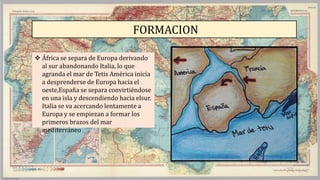 FORMACION
 África se separa de Europa derivando
al sur abandonando Italia, lo que
agranda el mar de Tetis América inicia
a desprenderse de Europa hacia el
oeste,España se separa convirtiéndose
en una isla y descendiendo hacia elsur.
Italia se va acercando lentamente a
Europa y se empiezan a formar los
primeros brazos del mar
mediterráneo
 