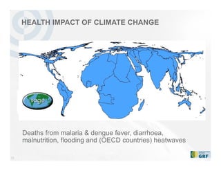 18
Deaths from malaria & dengue fever, diarrhoea,
malnutrition, flooding and (OECD countries) heatwaves
HEALTH IMPACT OF CLIMATE CHANGE
 