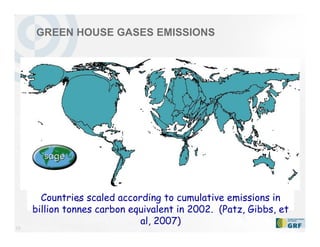 19
Countries scaled according to cumulative emissions in
billion tonnes carbon equivalent in 2002. (Patz, Gibbs, et
al, 2007)
GREEN HOUSE GASES EMISSIONS
 