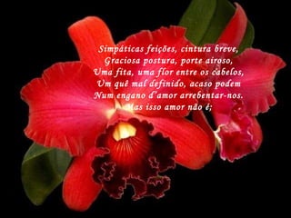 Simpáticas feições, cintura breve, Graciosa postura, porte airoso, Uma fita, uma flor entre os cabelos, Um quê mal definido, acaso podem Num engano d’amor arrebentar-nos. Mas isso amor não é; 