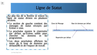 Ligne de Statut
Au plus bas de la fenêtre se trouve la
ligne de statut divisée en plusieurs
sections.
 La section de gauche contient des
messages de statut envoyés par
Eviews à vous.
 La prochaine montre le répértoire
par défaut qu’Eviews utilise pour
chercher les données et les
programmes.
 Les deux prochaines affichent les
noms de la base de données par
défaut(DB) et de l’espace de travail.
Carl Nally Régi Simon
Zone de Message
Repertoire par defaut
Base de donnees par defaut
 
