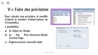 V.v Faire des prévisions
Pour calculer une prévision, je modifie
d’abord le nombre d’observations de
l’échantillon.
3 possibilités
a) Je clique sur Range
b) Je fais Proc/Structure/Resize
Current Page.
c) Pagestruct(end=nouvelle date)
Carl Nally Régi Simon
 