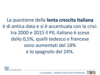 Luca Paolazzi - Direttore Centro Studi Confindustria
La questione della lenta crescita italiana
è di antica data e si è accentuata con la crisi:
tra 2000 e 2015 il PIL italiano è sceso
dello 0,5%, quelli tedesco e francese
sono aumentati del 18%
e lo spagnolo del 24%.
 