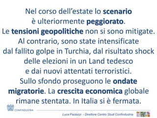 Luca Paolazzi - Direttore Centro Studi Confindustria
Nel corso dell’estate lo scenario
è ulteriormente peggiorato.
Le tensioni geopolitiche non si sono mitigate.
Al contrario, sono state intensificate
dal fallito golpe in Turchia, dal risultato shock
delle elezioni in un Land tedesco
e dai nuovi attentati terroristici.
Sullo sfondo proseguono le ondate
migratorie. La crescita economica globale
rimane stentata. In Italia si è fermata.
 
