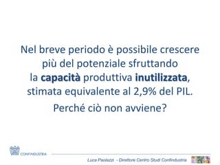 Luca Paolazzi - Direttore Centro Studi Confindustria
Nel breve periodo è possibile crescere
più del potenziale sfruttando
la capacità produttiva inutilizzata,
stimata equivalente al 2,9% del PIL.
Perché ciò non avviene?
 
