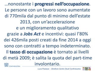 Luca Paolazzi - Direttore Centro Studi Confindustria
…nonostante i progressi nell’occupazione.
Le persone con un lavoro sono aumentate
di 770mila dal punto di minimo dell’estate
2013, con un’accelerazione
e un miglioramento qualitativo
grazie a Jobs Act e incentivi: quasi l’80%
dei 426mila posti creati da fine 2014 a oggi
sono con contratti a tempo indeterminato.
Il tasso di occupazione è tornato ai livelli
di metà 2009; è salita la quota del part-time
involontario.
 
