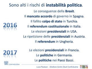 Luca Paolazzi - Direttore Centro Studi Confindustria
Le conseguenze della Brexit.
Il mancato accordo di governo in Spagna.
Il fallito colpo di stato in Turchia.
Il referendum costituzionale in Italia.
Le elezioni presidenziali in USA.
La ripetizione delle presidenziali in Austria.
Il referendum in Ungheria.
Le elezioni presidenziali in Francia.
Le politiche in Germania.
Le politiche nei Paesi Bassi.
Sono alti i rischi di instabilità politica.
 
