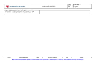 SECUENCIA METODOLÓGICA
Código : F14-PP-PR-01.04
Versión : 01
Fecha : 01-03-2012
Página : 3 de 3
Elaboró Vicerrectorado Académico Revisó Dirección de Planificación Aprobó Rectorado
NOTA: Cualquier documento impreso diferente del original, y cualquier archivo electrónico que se encuentren fuera de la Intranet UCV serán considerados como COPIA NO CONTROLADA.
AUCALLANCHI VELÁSQUEZ Félix.Física. 2010.
UNIVERSIDAD NACIONAL FEDERICO VILLAREAL.Física. 2007.
 