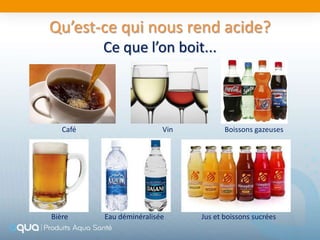 Qu’est-ce qui nous rend acide?
          Ce que l’on boit...



   Café                   Vin          Boissons gazeuses




Bière     Eau déminéralisée     Jus et boissons sucrées
 