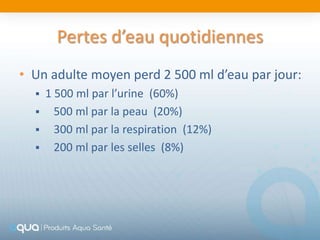Pertes d’eau quotidiennes
• Un adulte moyen perd 2 500 ml d’eau par jour:
  1 500 ml par l’urine (60%)
   500 ml par la peau (20%)
   300 ml par la respiration (12%)
   200 ml par les selles (8%)
 