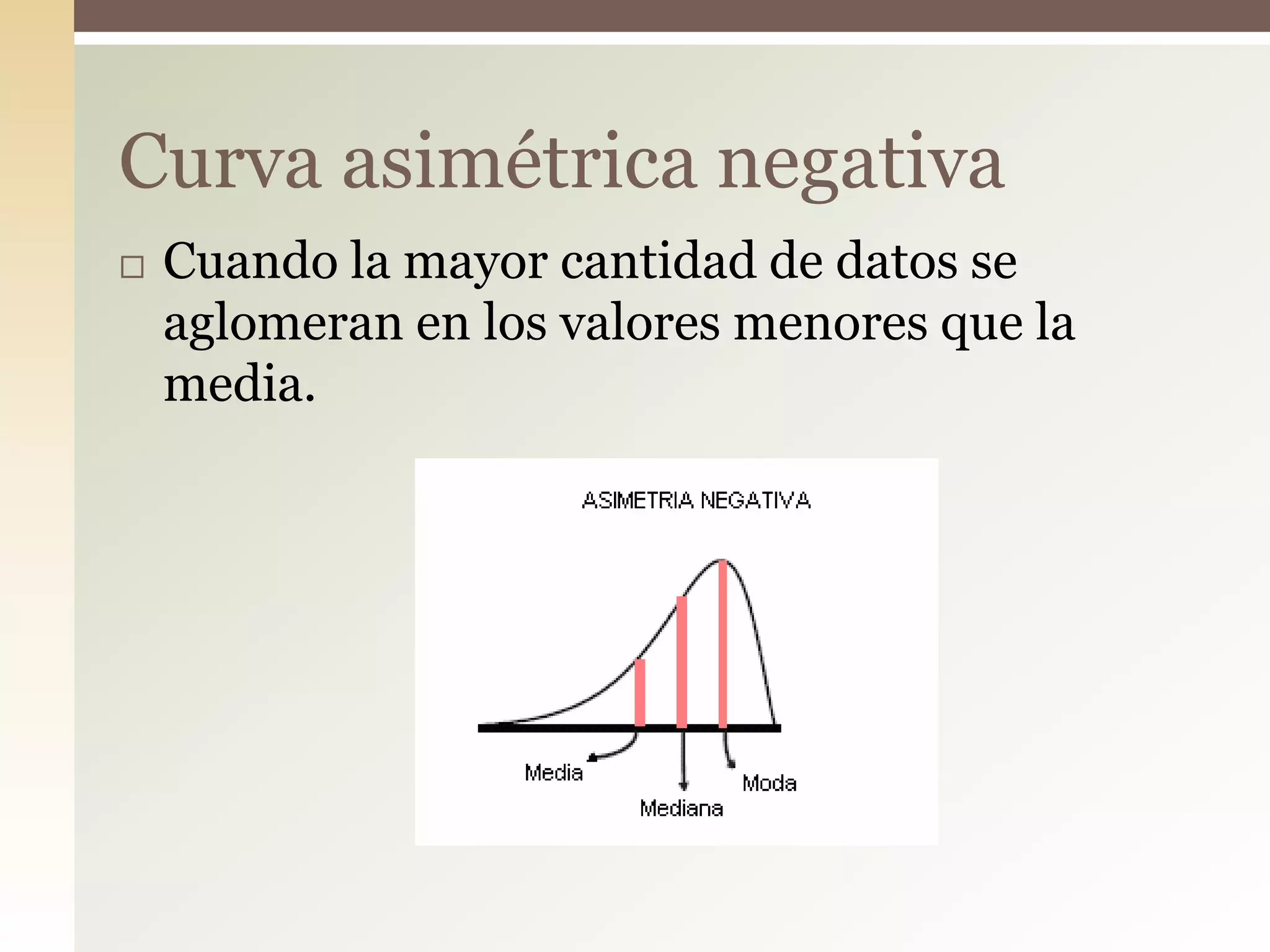  Cuando la mayor cantidad de datos se
aglomeran en los valores menores que la
media.
Curva asimétrica negativa
 