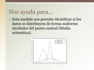  Esta medida nos permite identificar si los
datos se distribuyen de forma uniforme
alrededor del punto central (Media
aritmética).
Nos ayuda para…
 