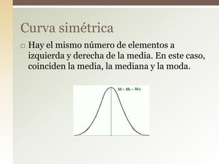  Hay el mismo número de elementos a
izquierda y derecha de la media. En este caso,
coinciden la media, la mediana y la moda.
Curva simétrica
 