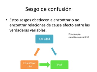 Sesgo de confusión 
• Estos sesgos obedecen a encontrar o no 
encontrar relaciones de causa efecto entre las 
verdaderas variables. 
obesidad 
IAM 
Colesterol 
total 
Por ejemplo: 
estudio caso-control 
 