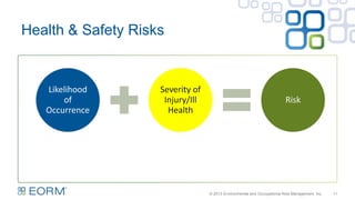Health & Safety Risks
11© 2013 Environmental and Occupational Risk Management, Inc.
Likelihood
of
Occurrence
Severity of
Injury/Ill
Health
Risk
 
