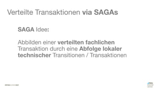 #WISSENTEILEN
Verteilte Transaktionen via SAGAs
SAGA Idee:
Abbilden einer verteilten fachlichen
Transaktion durch eine Abfolge lokaler
technischer Transitionen / Transaktionen
 