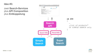 #WISSENTEILEN
Simple
Search
Super
Search
Search
API
Search MQ Result MQ
ok 200
[
…
„list of products“
of SIMPLE SEARCH only
]
Idee #3:
zwei Search-Services
plus API Composition
plus Entkoppelung
 
