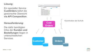 #WISSENTEILEN
Koordination der Aufrufe
Lösung:
Ein spezieller Service
CustOrders liefert die
gewünschte Übersicht
via API Composition.
Herausforderung:
Die dafür benötigten
Infos der Kunden und
Bestellungen liegen in
unterschiedlichen
Services.
Cust
Orders
Orders
Customer
 