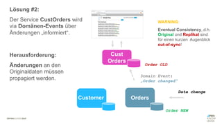 #WISSENTEILEN
Cust
Orders
Orders
Customer
Data change
Domain Event:
„Order changed“
Lösung #2:
Der Service CustOrders wird
via Domänen-Events über
Änderungen „informiert“.
Herausforderung:
Änderungen an den
Originaldaten müssen
propagiert werden.
Order NEW
Order OLD
WARNING:
Eventual Consistency, d.h.
Original und Replikat sind
für einen kurzen Augenblick
out-of-sync!
 