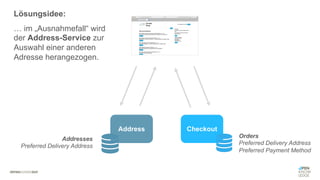 #WISSENTEILEN
Address Checkout
Orders
Preferred Delivery Address
Preferred Payment Method
Addresses
Preferred Delivery Address
Lösungsidee:
… im „Ausnahmefall“ wird
der Address-Service zur
Auswahl einer anderen
Adresse herangezogen.
 