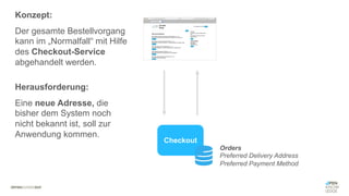 #WISSENTEILEN
Checkout
Orders
Preferred Delivery Address
Preferred Payment Method
Konzept:
Der gesamte Bestellvorgang
kann im „Normalfall“ mit Hilfe
des Checkout-Service
abgehandelt werden.
Herausforderung:
Eine neue Adresse, die
bisher dem System noch
nicht bekannt ist, soll zur
Anwendung kommen.
 