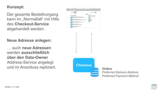 #WISSENTEILEN
Checkout
Orders
Preferred Delivery Address
Preferred Payment Method
Konzept:
Der gesamte Bestellvorgang
kann im „Normalfall“ mit Hilfe
des Checkout-Service
abgehandelt werden.
Neue Adresse anlegen:
… auch neue Adressen
werden ausschließlich
über den Data-Owner
Address-Service angelegt
und im Anschluss repliziert.
 