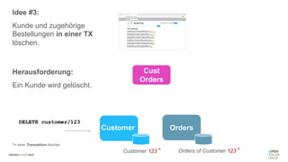 #WISSENTEILEN
Cust
Orders
Orders
Customer
Herausforderung:
Ein Kunde wird gelöscht.
DELETE customer/123
Customer 123 Orders of Customer 123
*
*in einer Transaktion löschen
Idee #3:
Kunde und zugehörige
Bestellungen in einer TX
löschen.
*
 