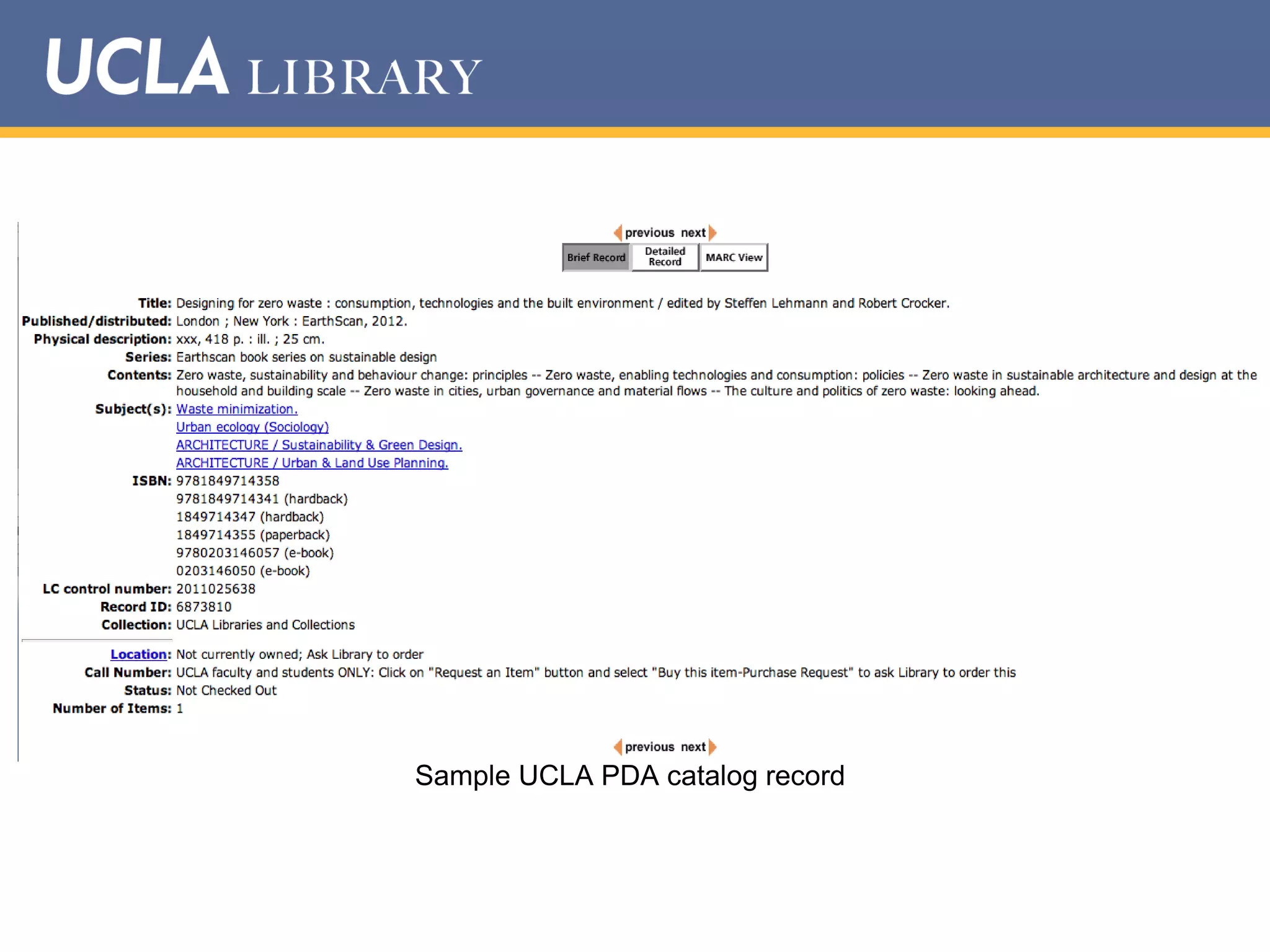 Sample UCLA PDA catalog record

 