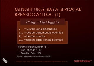 MENGHITUNG BIAYA BERDASAR
          BREAKDOWN LOC (1)
                         S = (Sopt + 4 Sm + Spess) / 6

            ...