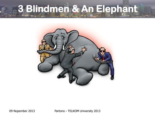 3 Blindmen & An Elephant

09 Nopember 2013

Partono - TELKOM University 2013

 