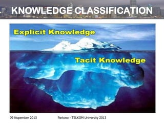 KNOWLEDGE CLASSIFICATION

09 Nopember 2013

Partono - TELKOM University 2013

 