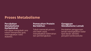 Proses Metabolisme
Perubahan
Metabolisme
Karbohidrat
HIV dapat mengubah cara
tubuh memproses gula,
meningkatkan risiko
diabetes.
Pemecahan Protein
Berlebihan
Tubuh memecah protein
otot lebih cepat,
menyebabkan kelemahan
dan pembengkakan.
Gangguan
Metabolisme Lemak
Perubahan penggunaan
lemak meningkatkan kadar
lipid darah, berisiko
penyakit kardiovaskular.
 