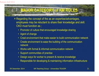 MAJOR CATEGORY of KM ROLES 
Partono Arif 2014 
Regarding the concept of the as an expertise/advantages, 
employees may be reluctant to share their knowledge and skill. 
CKO must function as ; 
• Promotor of culture that encouraged knowledge sharing 
• Agent of change 
• Creat environment that make easier to build communication network 
• Create environment to ease the building of the communication 
network 
• Works with formal & informal communication network 
• Support communities of practise 
• Design ways for worker to present & receive knowledge 
• Responsible for developing & maintaining information infrastructure 
09 Desember 2014 KM Teaching Group - Universitas TELKOM 21 
 