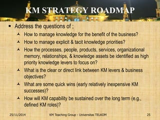 KM STRATEGY ROADMAP 
Address the questions of ; 
How to manage knowledge for the benefit of the business? 
How to manage explicit & tacit knowledge priorities? 
How the processes, people, products, services, organizational memory, relationships, & knowledge assets be identified as high priority knowledge levers to focus on? 
What is the clear or direct link between KM levers & business objectives? 
What are some quick wins (early relatively inexpensive KM successes)? 
How will KM capability be sustained over the long term (e.g., defined KM roles)? 
KM Teaching Group - Universitas TELKOM 
25/11/2014 
25  