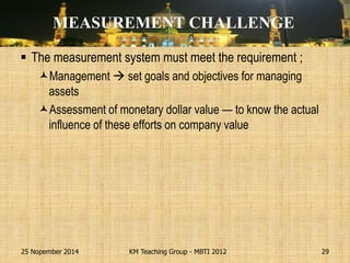 The measurement system must meet the requirement ; 
Management  set goals and objectives for managing assets 
Assessment of monetary dollar value — to know the actual influence of these efforts on company value 
25 Nopember 2014 
KM Teaching Group - MBTI 2012 
29 
MEASUREMENT CHALLENGE  