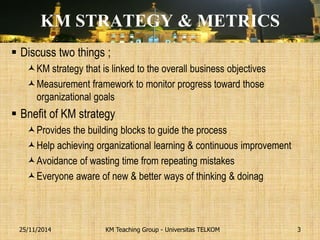 KM STRATEGY & METRICS 
Discuss two things ; 
KM strategy that is linked to the overall business objectives 
Measurement framework to monitor progress toward those organizational goals 
Bnefit of KM strategy 
Provides the building blocks to guide the process 
Help achieving organizational learning & continuous improvement 
Avoidance of wasting time from repeating mistakes 
Everyone aware of new & better ways of thinking & doinag 
KM Teaching Group - Universitas TELKOM 
25/11/2014 
3  