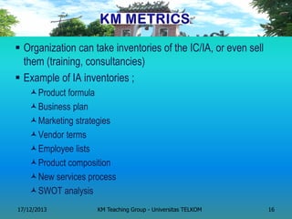 Organization can take inventories of the IC/IA, or even sell them (training, consultancies) 
Example of IA inventories ; 
Product formula 
Business plan 
Marketing strategies 
Vendor terms 
Employee lists 
Product composition 
New services process 
SWOT analysis 
17/12/2013 
KM Teaching Group - Universitas TELKOM 
16  