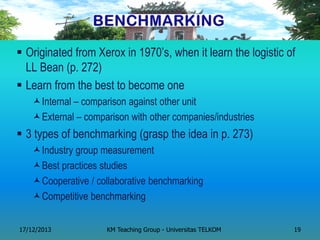 Originated from Xerox in 1970‘s, when it learn the logistic of LL Bean (p. 272) 
Learn from the best to become one 
Internal – comparison against other unit 
External – comparison with other companies/industries 
3 types of benchmarking (grasp the idea in p. 273) 
Industry group measurement 
Best practices studies 
Cooperative / collaborative benchmarking 
Competitive benchmarking 
17/12/2013 
KM Teaching Group - Universitas TELKOM 
19  