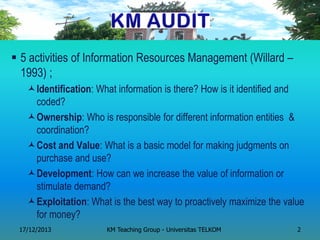 5 activities of Information Resources Management (Willard – 1993) ; 
Identification: What information is there? How is it identified and coded? 
Ownership: Who is responsible for different information entities & coordination? 
Cost and Value: What is a basic model for making judgments on purchase and use? 
Development: How can we increase the value of information or stimulate demand? 
Exploitation: What is the best way to proactively maximize the value for money? 
KM Teaching Group - Universitas TELKOM 
17/12/2013 
2  