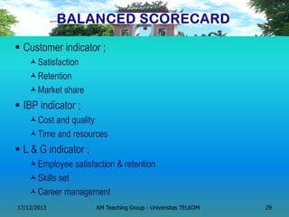 Customer indicator ; 
Satisfaction 
Retention 
Market share 
IBP indicator ; 
Cost and quality 
Time and resources 
L & G indicator ; 
Employee satisfaction & retention 
Skills set 
Career management 
17/12/2013 
KM Teaching Group - Universitas TELKOM 
29  
