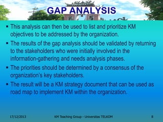 This analysis can then be used to list and prioritize KM objectives to be addressed by the organization. 
The results of the gap analysis should be validated by returning to the stakeholders who were initially involved in the information-gathering and needs analysis phases. 
The priorities should be determined by a consensus of the organization‘s key stakeholders. 
The result will be a KM strategy document that can be used as road map to implement KM within the organization. 
KM Teaching Group - Universitas TELKOM 
17/12/2013 
8  