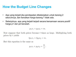 How the Budget Line Changes
• Apa yang terjadi jika pendapatan dibelanjakan untuk barang 2
seluruhnya, dan kenaikan harga barang 1 tidak ada.
• Selanjutnya, apa yang terjadi terjadi secara bersamaan secara positif
harga p1 dan p2 berubah.
 