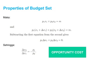 Properties of Budget Set
Maka:
Sehingga:
OPPORTUNITY COST
 