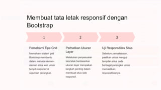 Membuat tata letak responsif dengan
Bootstrap
Pemahami Tipe Grid
Memahami sistem grid
Bootstrap membantu
dalam menata elemen-
elemen situs web untuk
tampil responsif di
sejumlah perangkat.
Perhatikan Ukuran
Layar
Melakukan penyesuaian
tata letak berdasarkan
ukuran layar merupakan
langkah penting dalam
membuat situs web
responsif.
Uji Responsifitas Situs
Sebelum penyelesaian,
pastikan untuk menguji
tampilan situs pada
berbagai perangkat untuk
memastikan
responsifitasnya.
 
